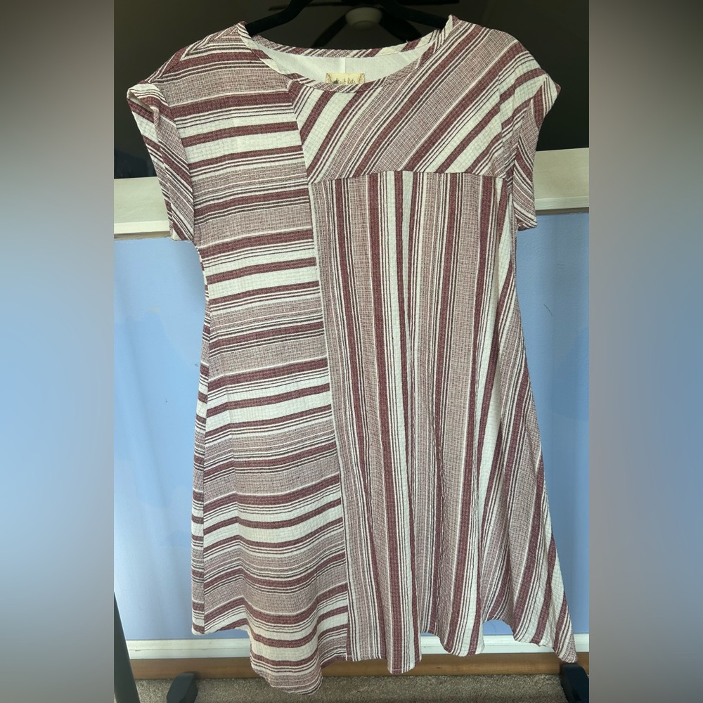Altar’d State Rolled Sleeve Textured Red & White Stripe Mini Dress